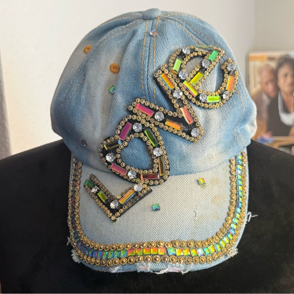 Embellished Denim Cap with Multicolor Accents
